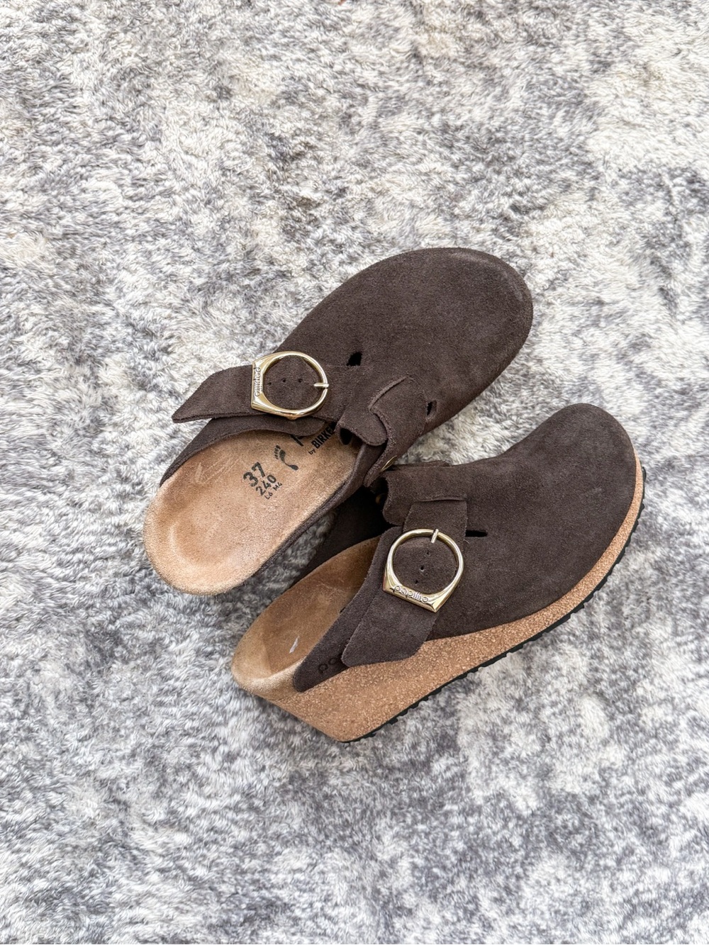 Birkenstock Papillio Dark Brown Suede Slip-On Clog with Gold Buckle